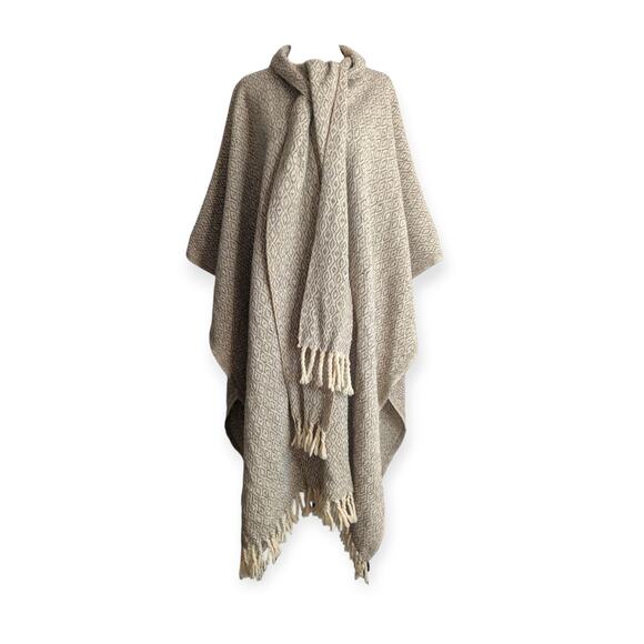 Vintage 60s 70s Molina Woven Wool Poncho ~ Taupe ~ Made in Mexico ~ fringed - Picture 1 of 6